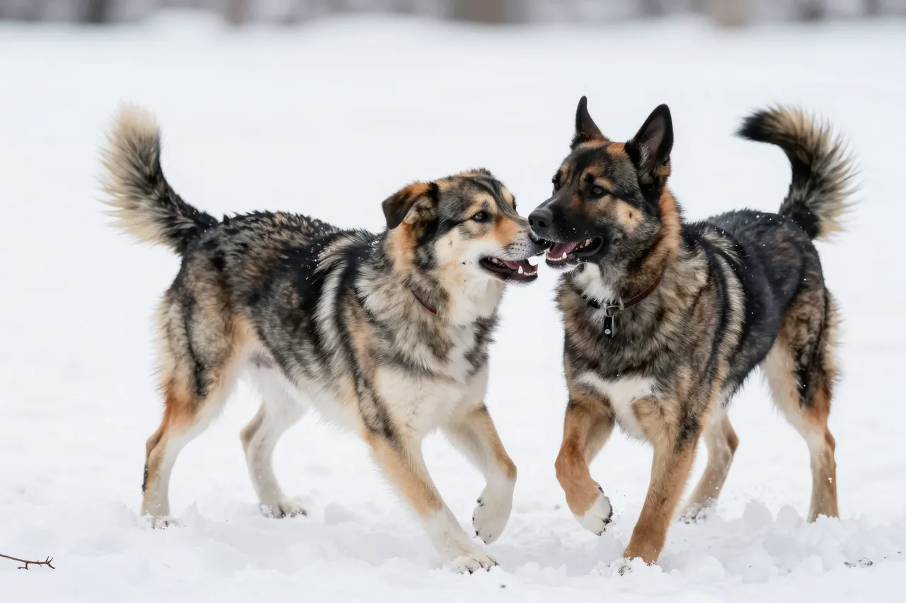 Two fluffy mixed breed dogs interact and play together on a bright snowy winter field