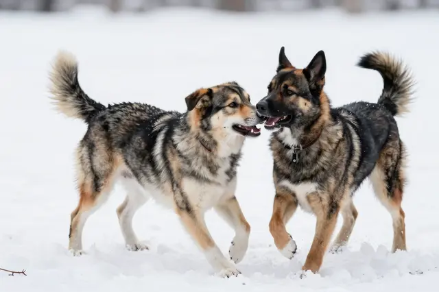 Two fluffy mixed breed dogs interact and play together on a bright snowy winter field