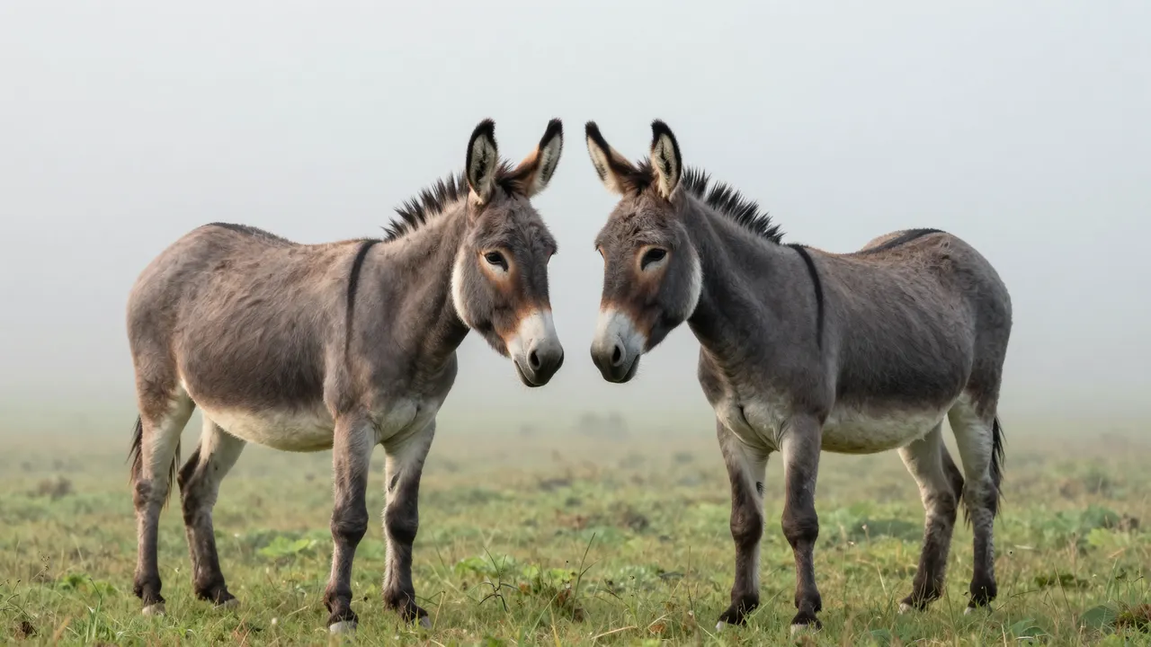 Two gray donkeys stand facing one another in a foggy grass meadow at dawn