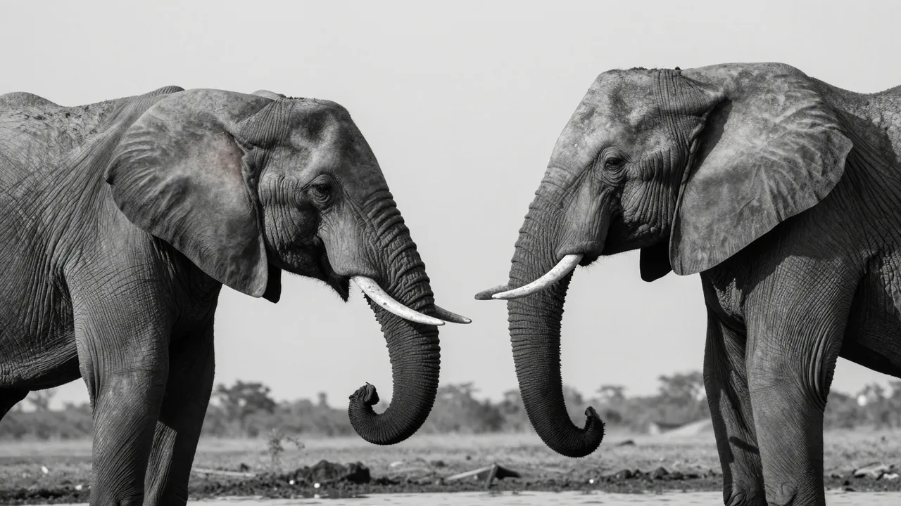 Black and white portrait of two African elephants facing each other at a savanna waterhole