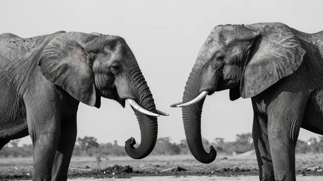 Black and white portrait of two African elephants facing each other at a savanna waterhole