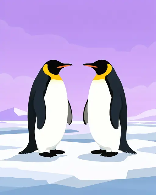 Two emperor penguins stand facing each other on sea ice beneath a soft lilac sky