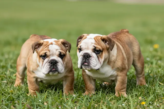 Two wrinkled fawn and white English bulldog puppies stand side by side on a sunny green lawn.