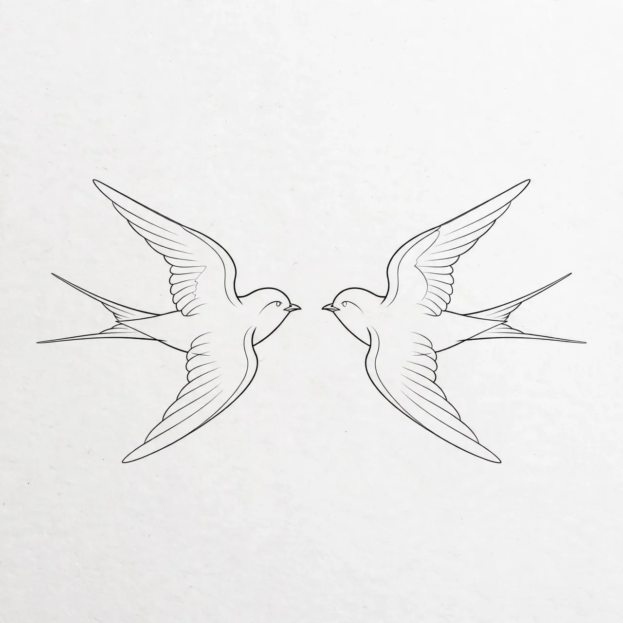 Delicate black line art of two swallows flying face to face on plain off-white paper