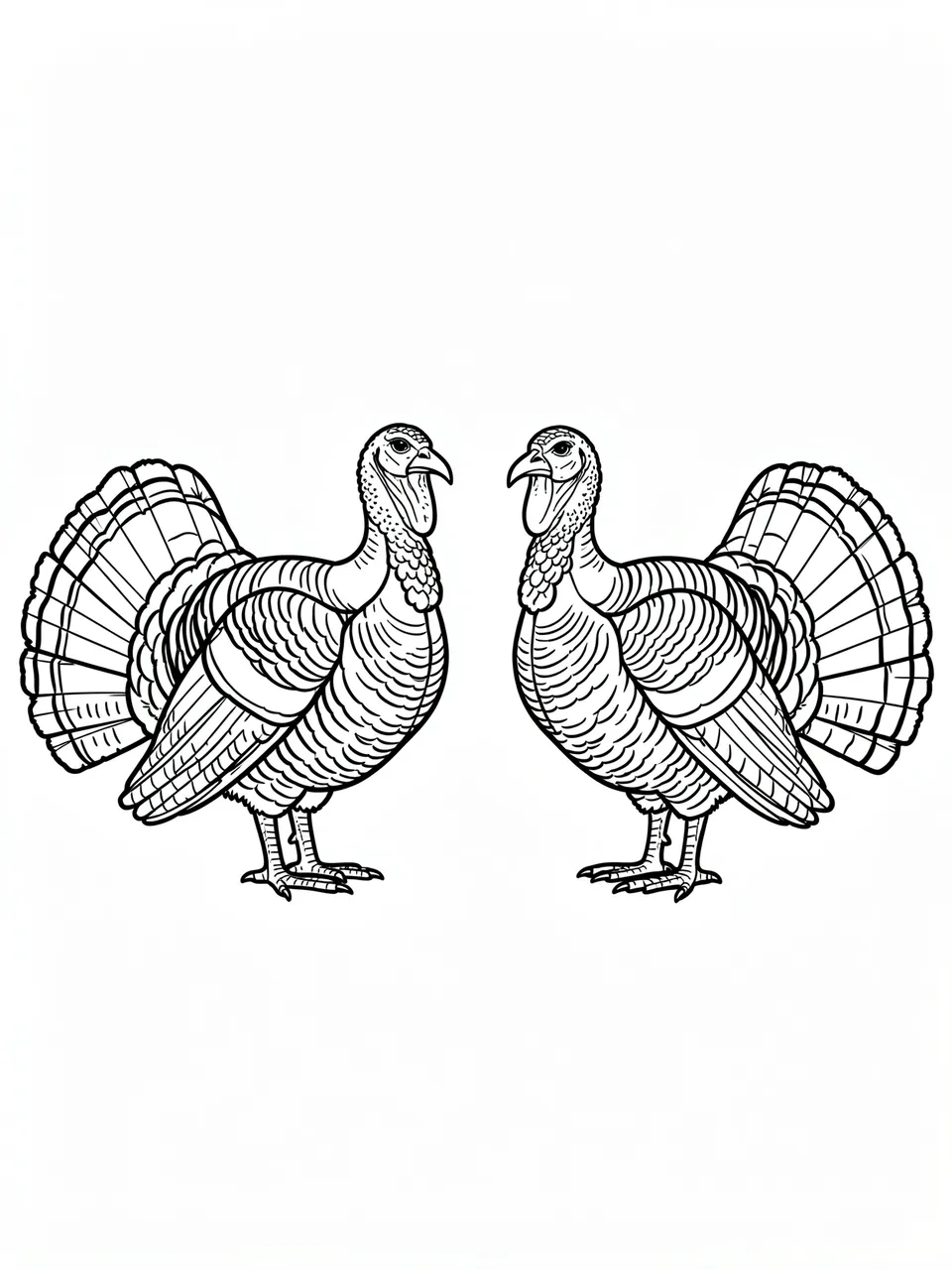 Black and white bold line art of two turkeys facing each other on a plain white background