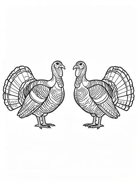 Black and white bold line art of two turkeys facing each other on a plain white background