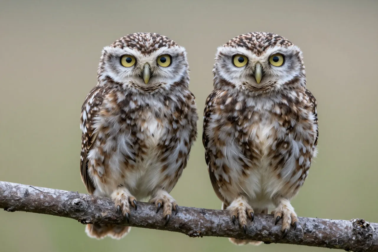 Two fluffy small owls sit side by side on a thin branch, facing directly toward the camera.