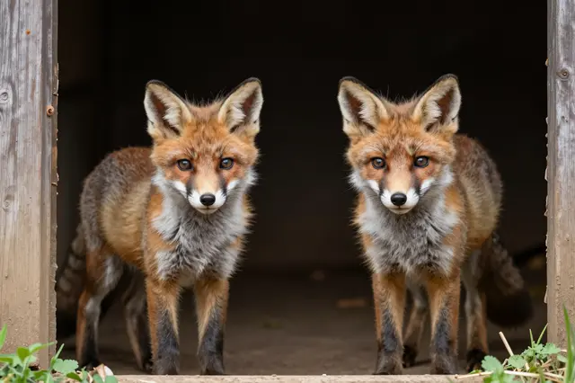 Two young red fox kits stand side by side looking directly out from the opening of their dark den.