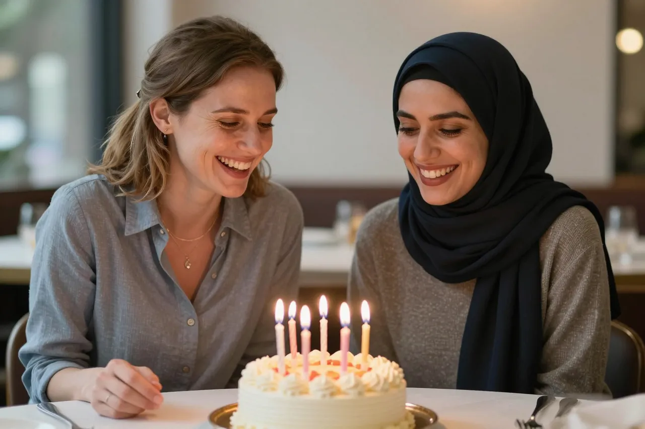 Two women laughing together over a lit birthday cake at a restaurant table