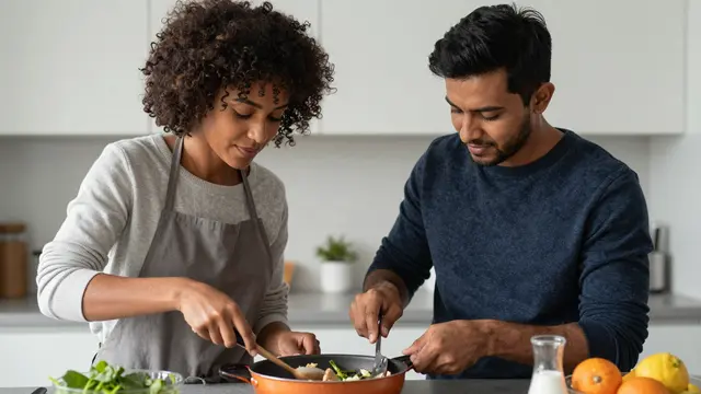 A Black woman and South Asian man cook side by side at a small kitchen counter.