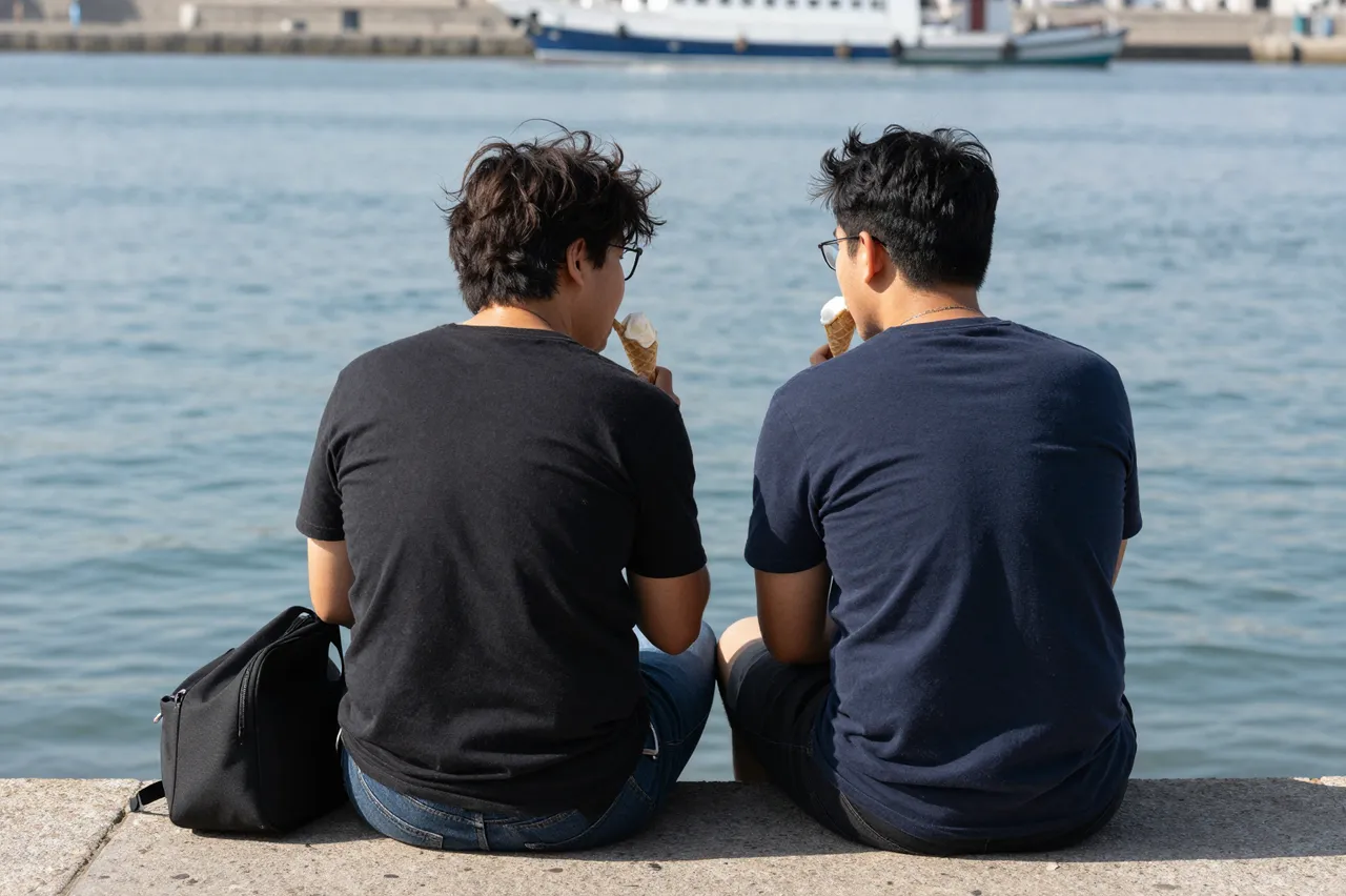 Two young men sit on a concrete harbor wall from behind, eating ice cream cones overlooking calm water with distant boats.