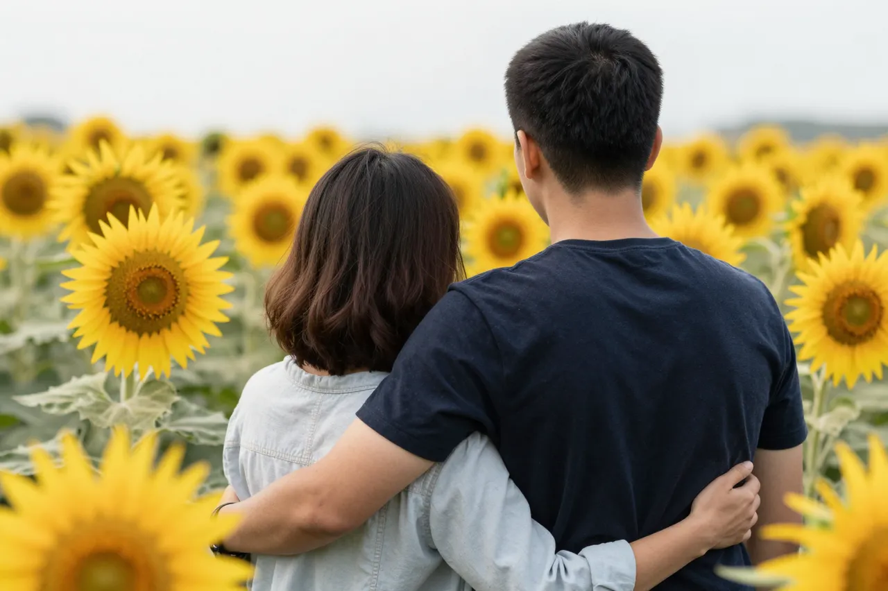 Two people seen from behind stand embracing in a field of blooming sunflowers