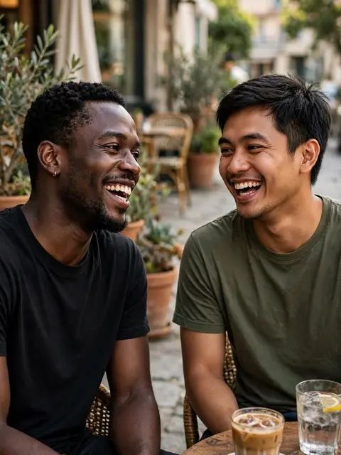 Two men in plain t-shirts laugh together while seated at an outdoor cafe terrace table with drinks