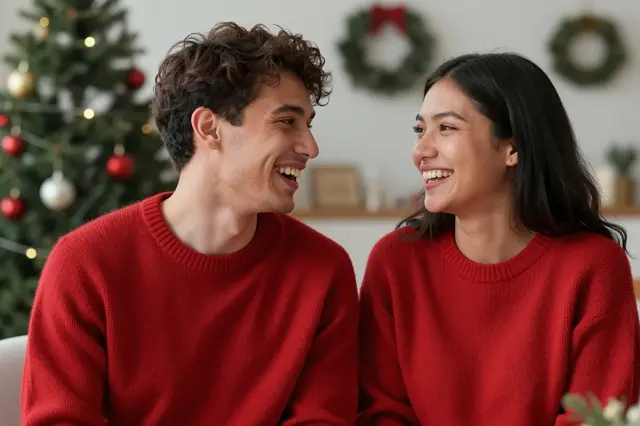 Two people in matching red knit sweaters smile at each other in a Christmas decorated living room