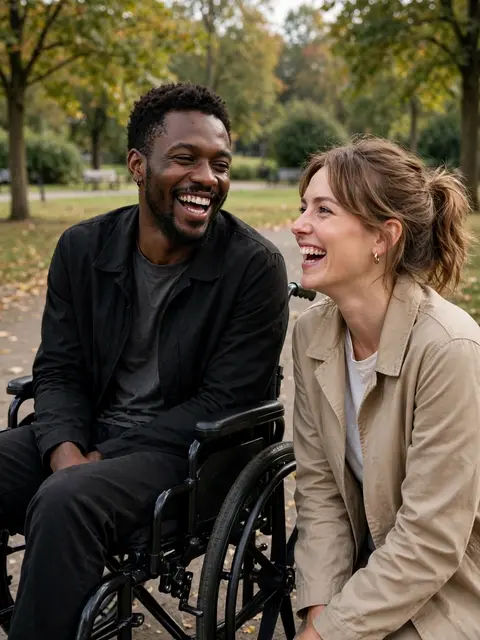 A Black man using a wheelchair and a white woman laugh together on a park path in autumn.