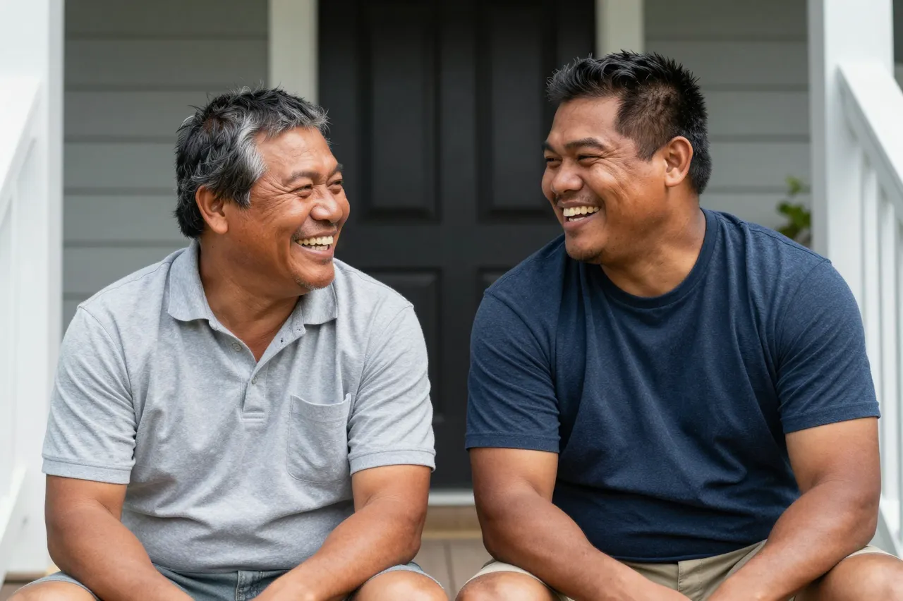 Two middle aged men laugh while sitting together on a sunny residential front porch