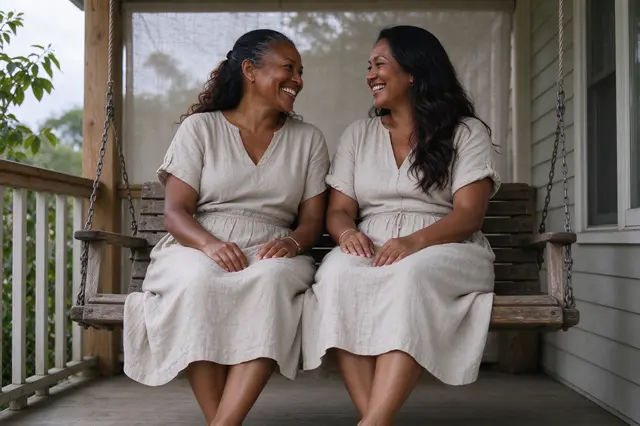 Two women in matching linen dresses smile at each other while seated on a wooden porch swing