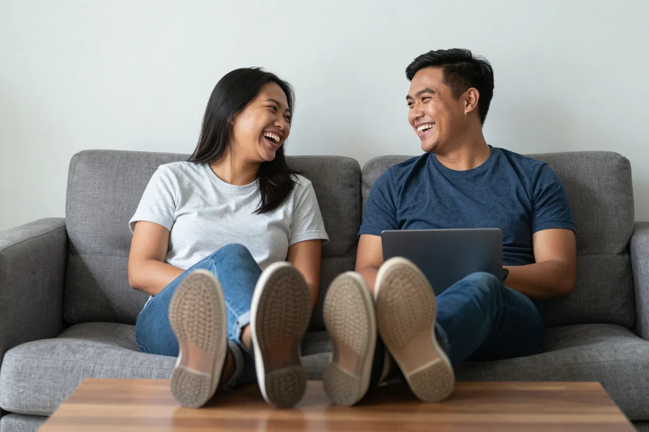 Two smiling friends in their late twenties sit on a gray sofa with their feet propped on a wooden coffee table, looking at