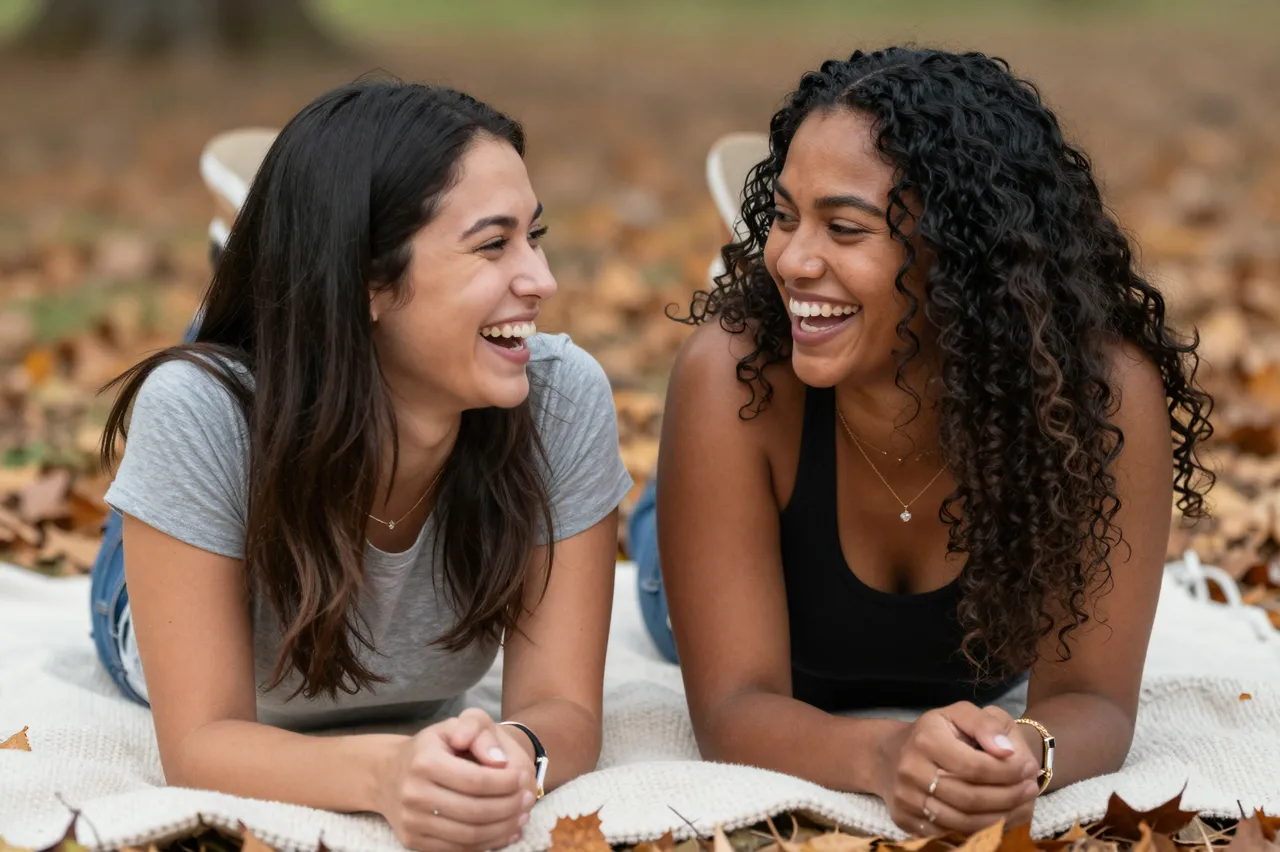 Two young women laugh while lying on a blanket among fallen autumn leaves