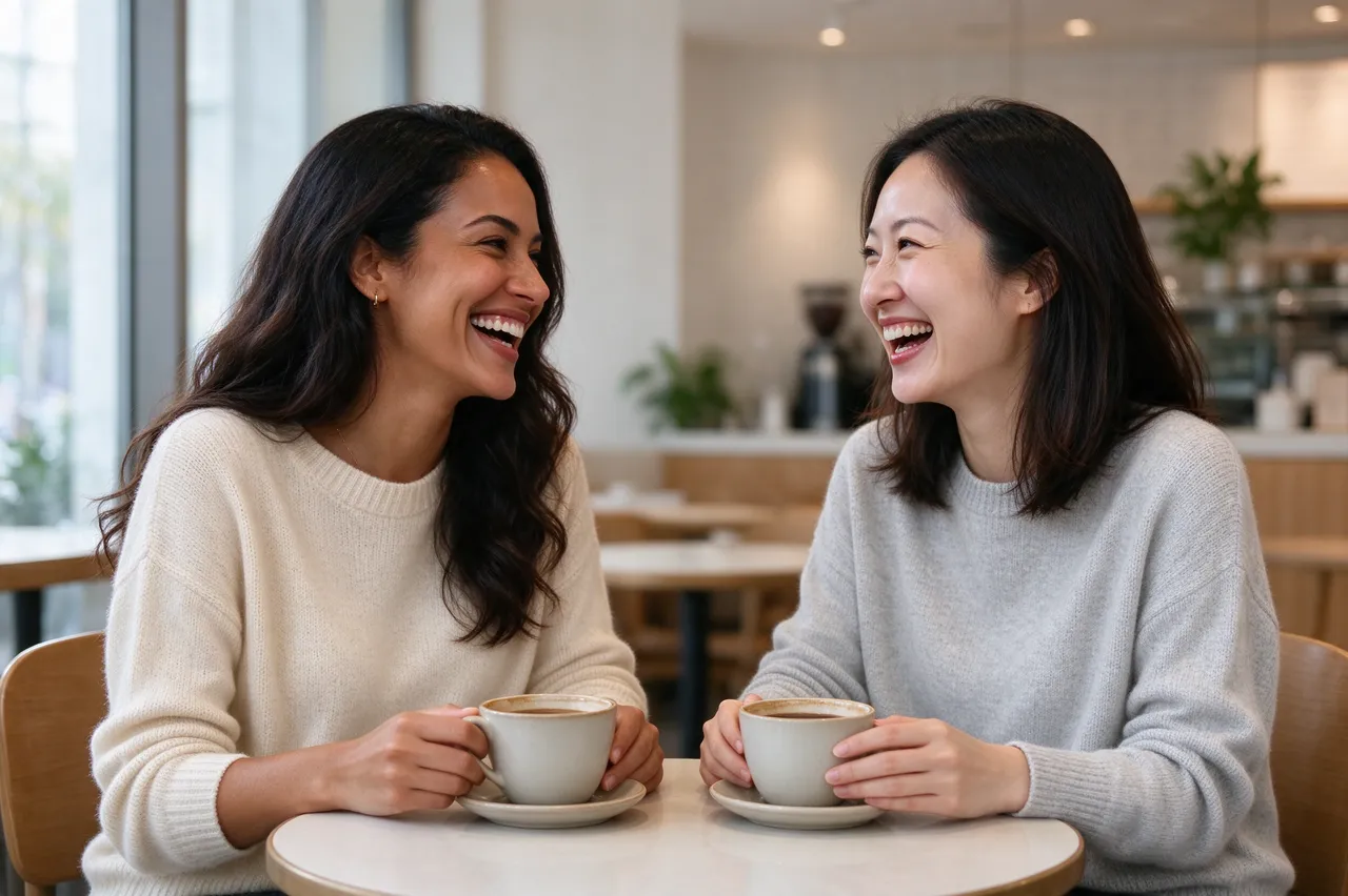 Two women in their thirties smile and laugh while holding coffee mugs at a bright cafe table