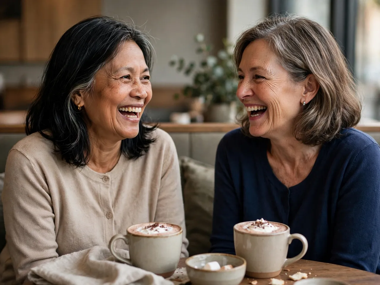 Two women in their fifties laugh together while sitting at a cafe table with mugs of hot cocoa