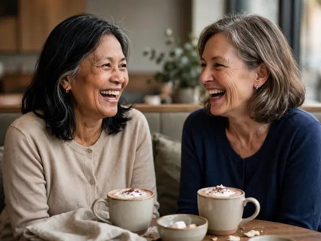 Two women in their fifties laugh together while sitting at a cafe table with mugs of hot cocoa
