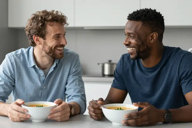 Two adult men smile and laugh at each other while holding bowls of soup at a kitchen counter