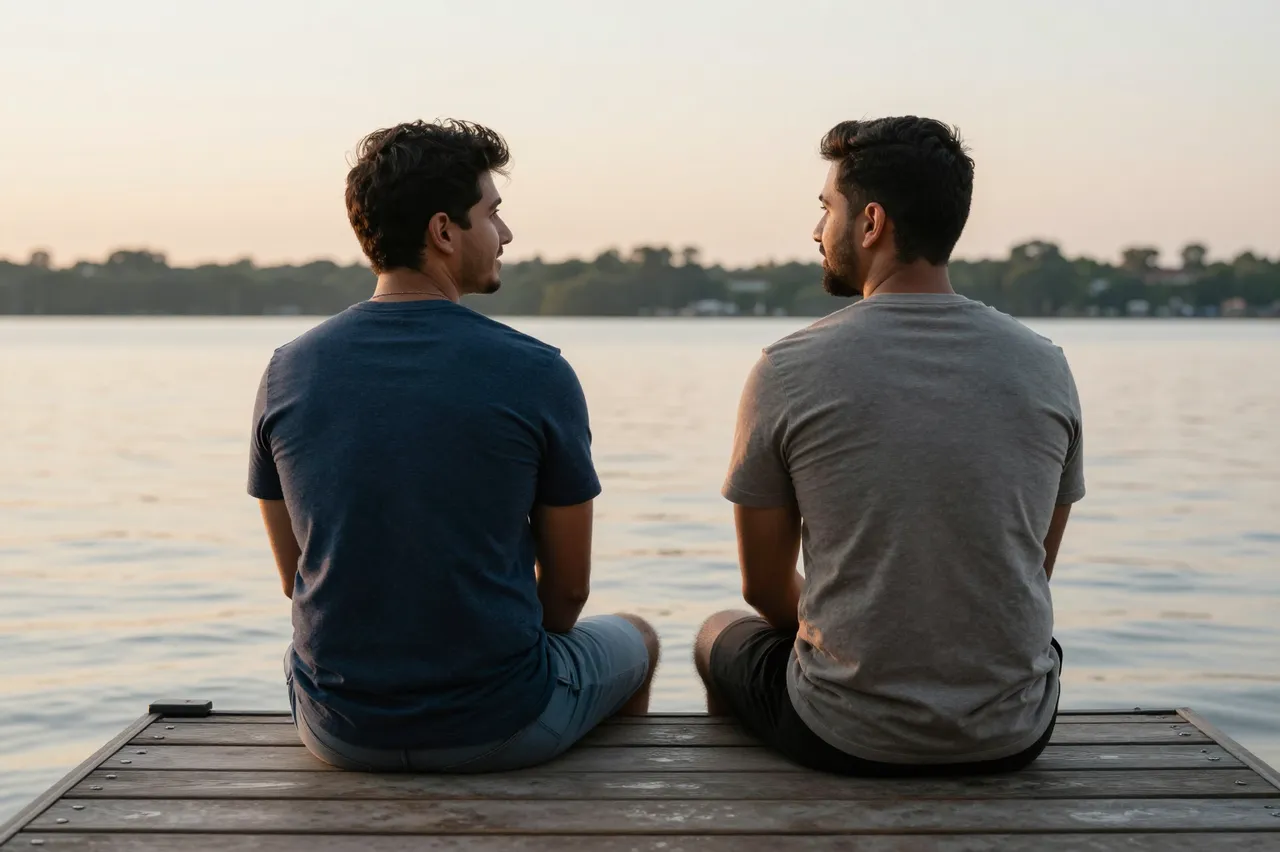 Two men in their thirties sit side by side on a wooden lake dock at golden sunset, viewed from behind.