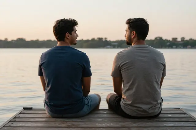 Two men in their thirties sit side by side on a wooden lake dock at golden sunset, viewed from behind.