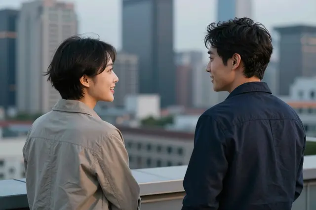 Two people facing each other smile while standing on a city rooftop at dusk