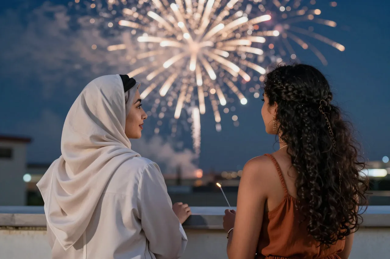 Two women stand on a rooftop at dusk watching bright golden fireworks burst in the night sky.