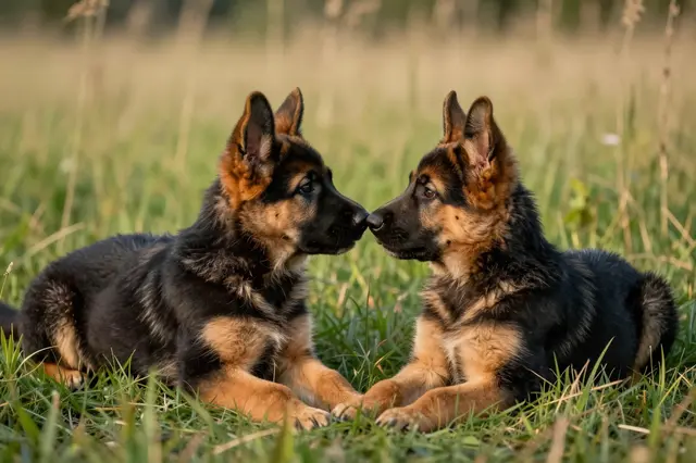 Two black and tan German shepherd puppies lie nose to nose in sunlit tall grass