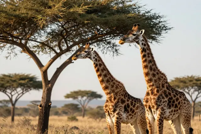 Two giraffes stand side by side near an acacia tree on a sunlit savanna plain at golden hour