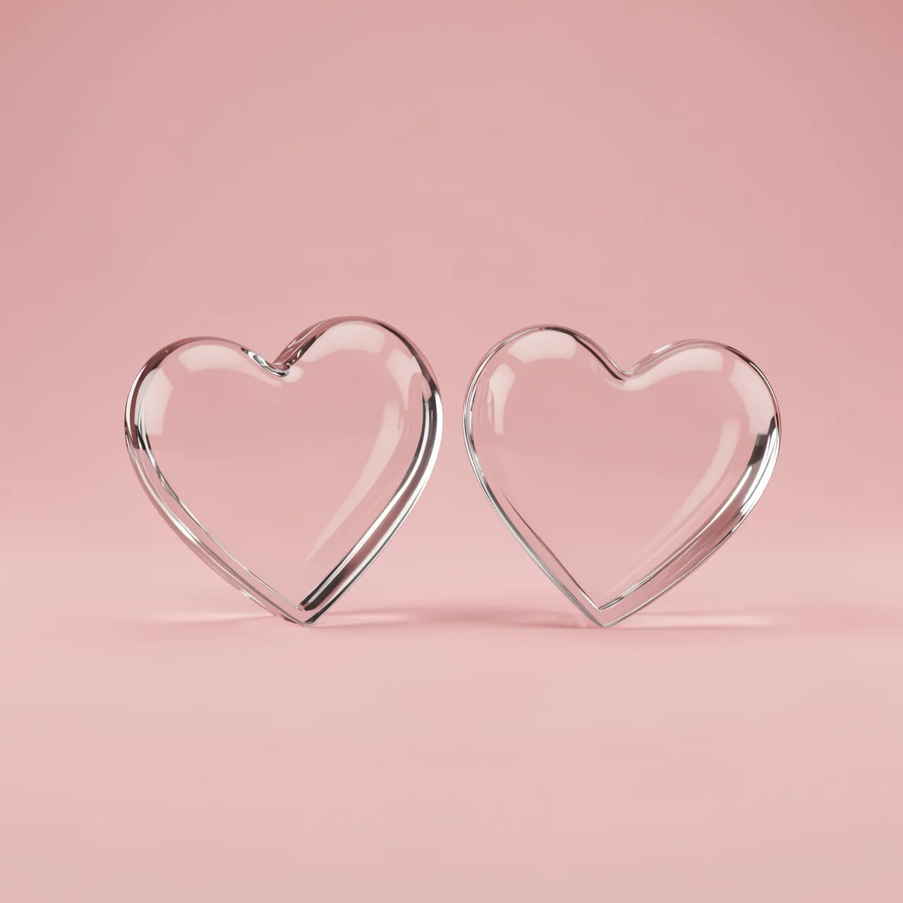 Two clear glossy glass hearts sit side by side against a solid soft pink background with empty copy space.