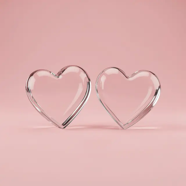 Two clear glossy glass hearts sit side by side against a solid soft pink background with empty copy space.