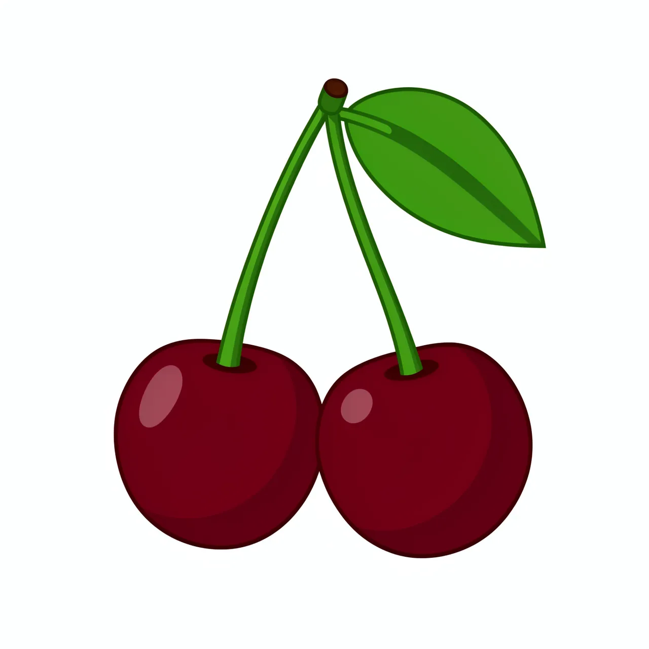 Flat clipart illustration of two glossy dark red cherries on a shared stem with one leaf, isolated on white