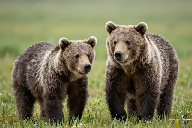 Two fluffy grizzly bear cubs stand side by side in a lush green grassy meadow