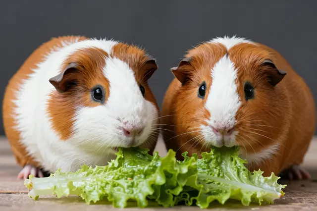 Two brown and white guinea pigs sit side by side nibbling fresh green lettuce on a wooden surface