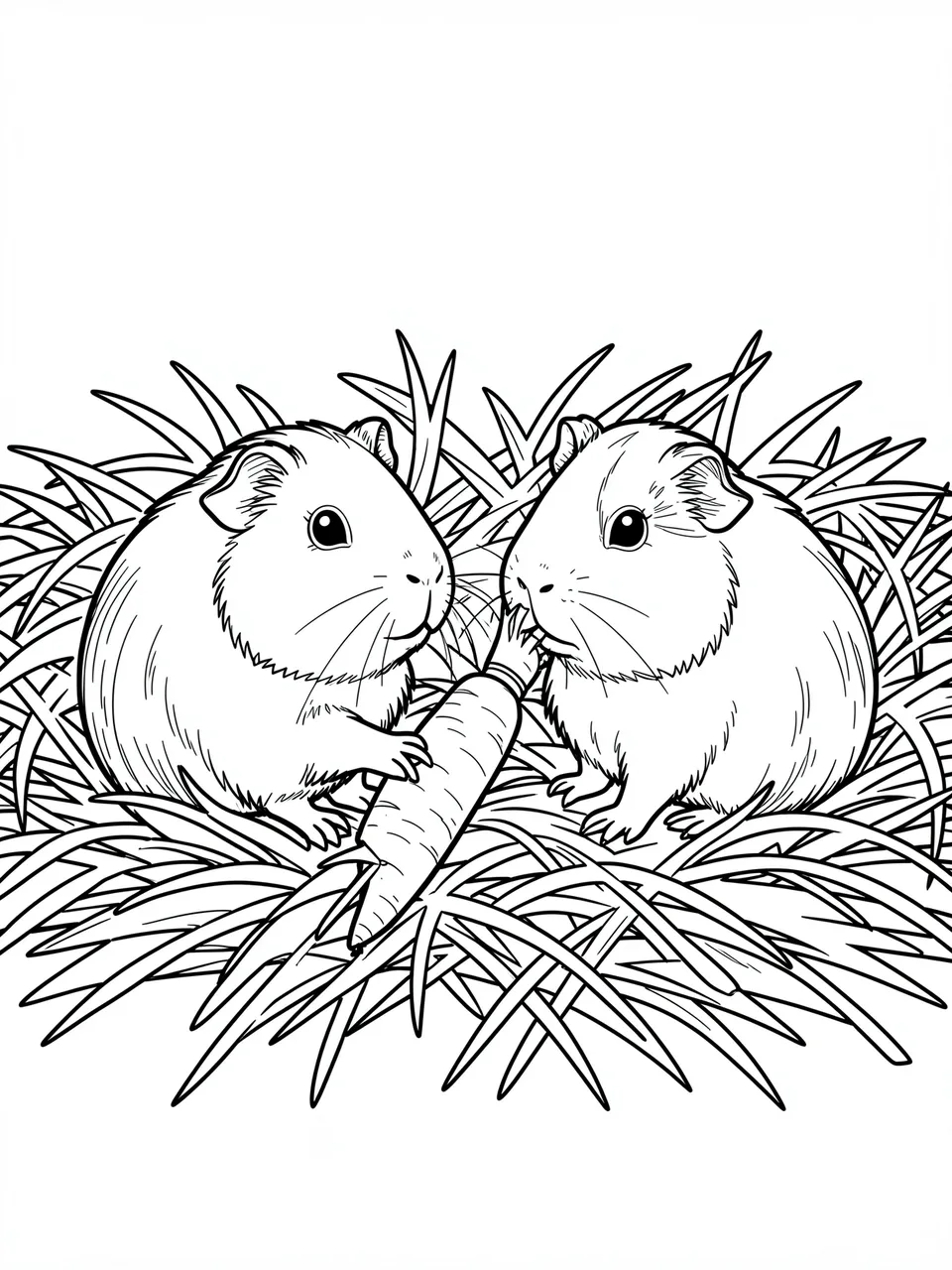 Black and white line art of two guinea pigs sitting in hay with a shared carrot between them
