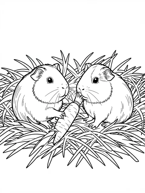 Black and white line art of two guinea pigs sitting in hay with a shared carrot between them