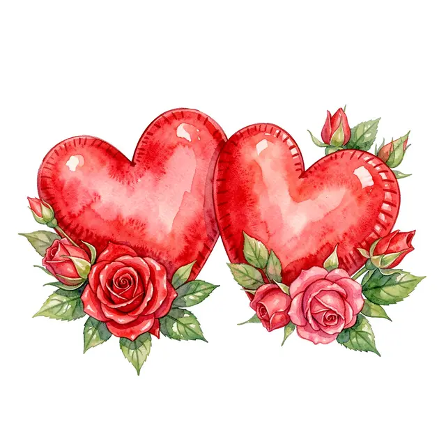 Watercolor illustration of two red hearts surrounded by blooming and budding roses against a plain white background