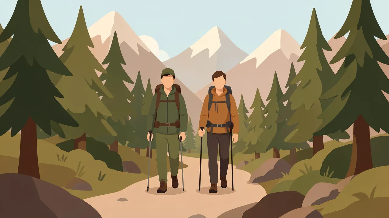 Two faceless hikers with trekking poles and backpacks walk along a forested mountain trail toward the viewer.