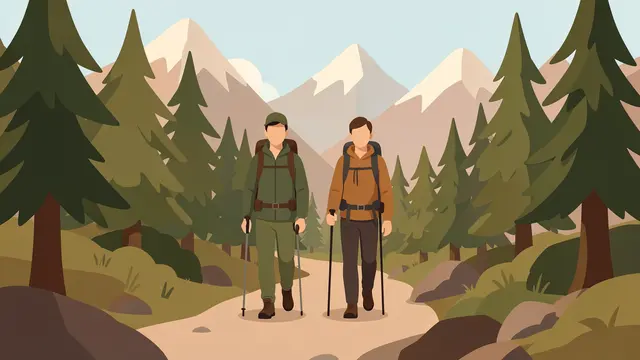 Two faceless hikers with trekking poles and backpacks walk along a forested mountain trail toward the viewer.
