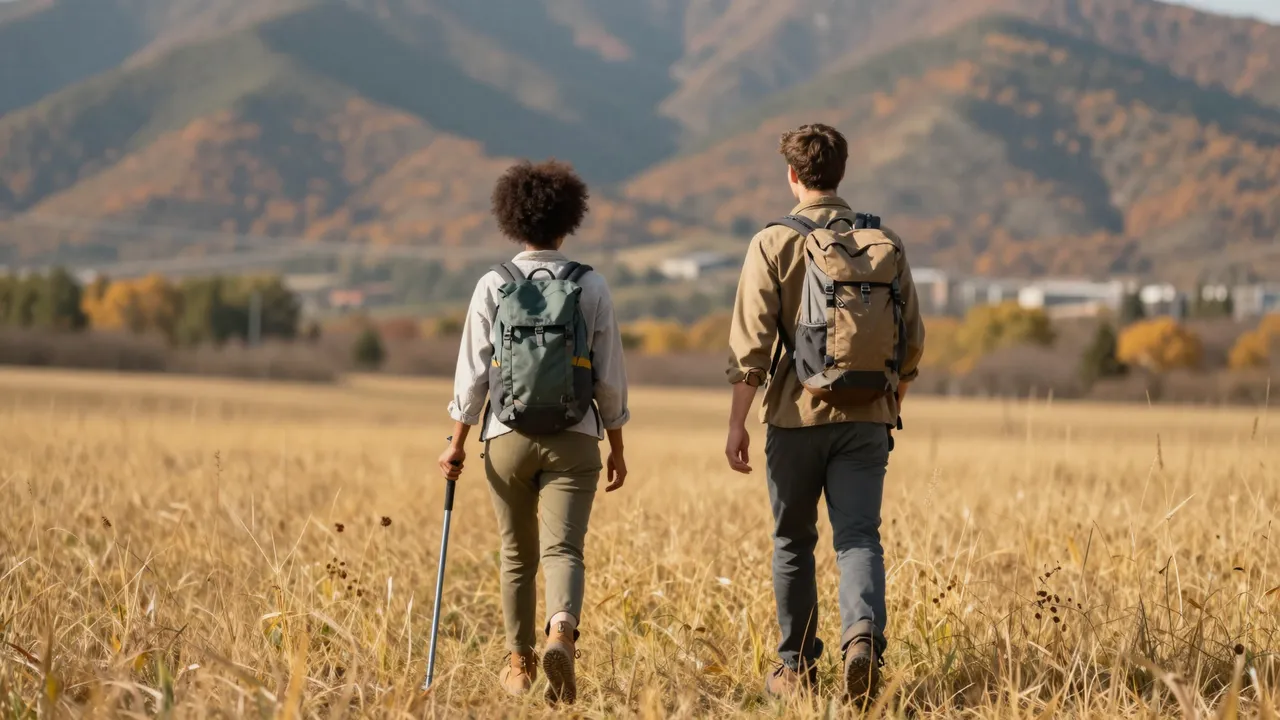 Two hikers viewed from behind walk through golden grass toward autumn mountains