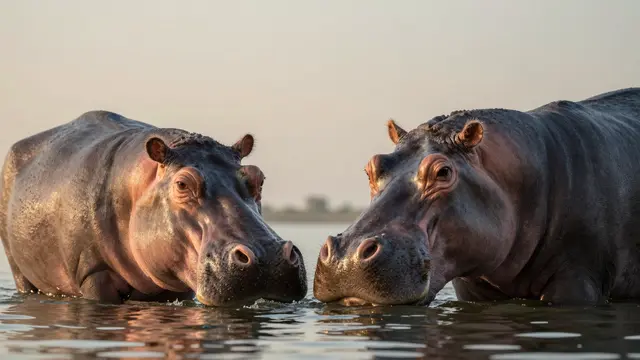 Two hippopotamuses rest partially submerged in calm water, with their eyes and ears above the surface at warm sunset.