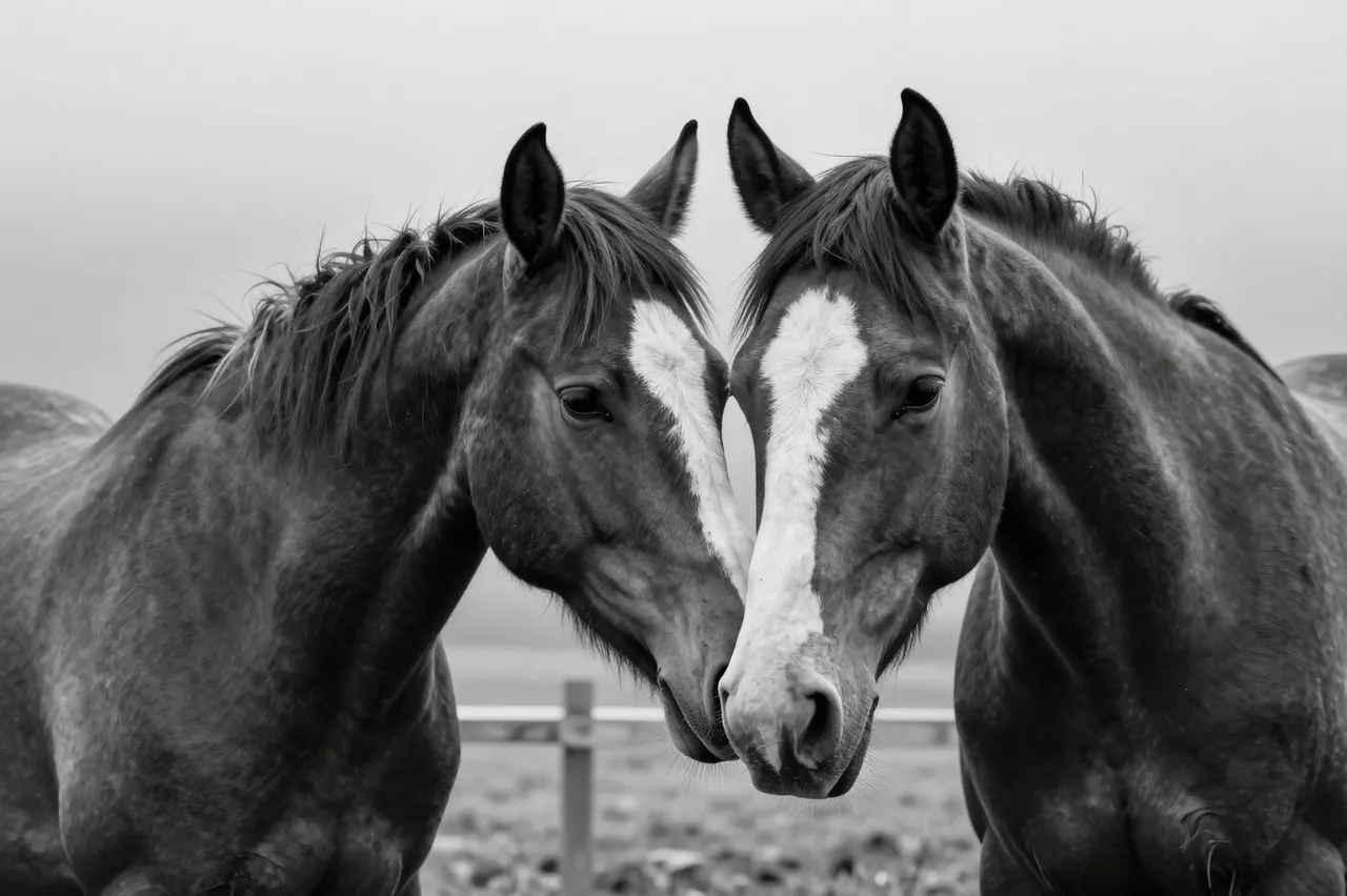 Black and white close-up of two horses standing face to face in a foggy paddock