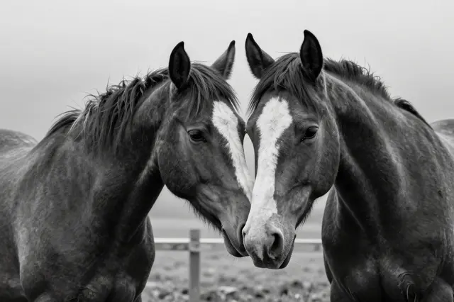 Black and white close-up of two horses standing face to face in a foggy paddock