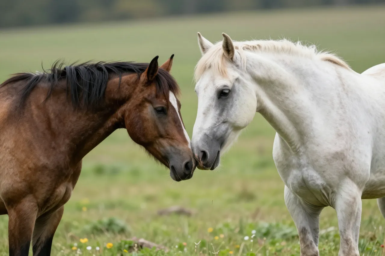A brown horse and a white horse touch noses gently in a grassy pasture.
