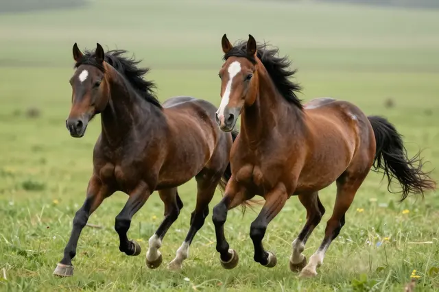 Two bay horses run side by side across a lush green grass pasture with flying manes and tails
