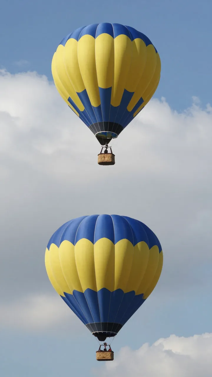 Two matching yellow and blue hot air balloons float vertically against a cloudy bright sky